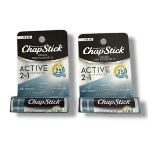 Chapstick Active 2 In 1 Broad Spectrum SPF 25 Sunscreen Unscented Lip Balm Lot/2